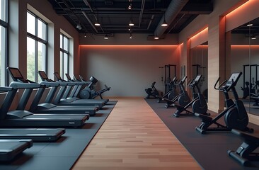 the fitness center showcases an array of treadmills and exercise bikes lined up on polished wooden f
