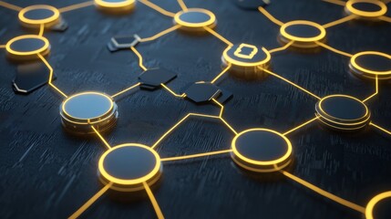 Aufkleber - Abstract Network of Glowing Yellow Lines and Circular Nodes on a Dark Surface
