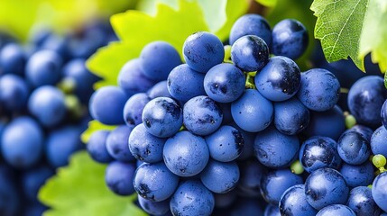 juicy clusters of ripe blue grapes adorned with fresh green leaves, glistening with droplets, showca