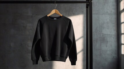 black blank sweatshirt hanging on the background of a gray wall