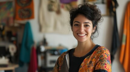 Female fashion designer smiling, holding a sewing tool in her studio, thinking creatively. Minimal background highlighting her passion for her startup.