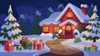 © abednegoanas - Cozy red cabin with snow and Christmas gifts, perfect for winter holiday designs.