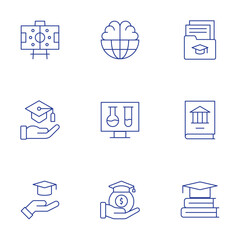 Education icons set. Thin Line style, editable stroke. folder, education, world, test tube, scholarship, formation