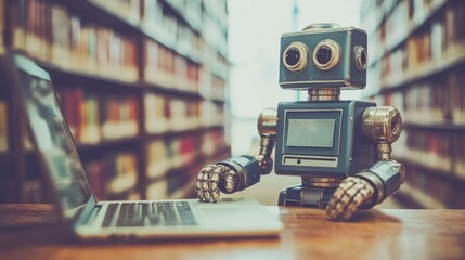 Poster - A retro-style robot using a laptop in a library setting.