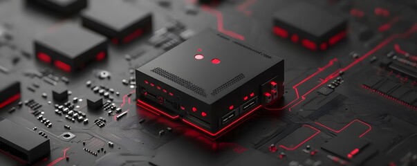Close-up of a modern circuit board with intricate details in black and red, showcasing technology and innovation in electronics.