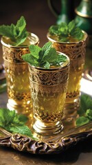 Vertical format, Mint tea served in ornate glasses on a decorative tray, showcasing traditional Moroccan hospitality and culture