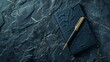 © Kan - Premium notebook with goldplated pen, luxurious flat lay, detailed texture, high clarity, elegant composition, refined style, photorealistic quality, upscale setting