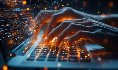 Coding Programmer Working on Laptop, Circuit Board, Virtual JavaScript Screen - Software Development, Digital Technology Concept

