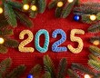 © Viktoriia - Happy New Year 2025 greeting card. Postcard template with hand-made numbers on red knitted background. Fir tree branches, lights, flat lay. Creative concept, flyer, branding, cover, social media.