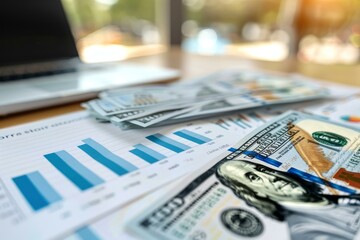 Us dollar bills are lying on financial charts with a laptop in the background, showing a concept image for business and finance