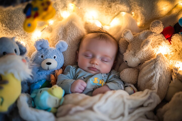 A baby snuggled up in a cozy onesie, surrounded by soft blankets and stuffed animals, as they nap peacefully in their crib