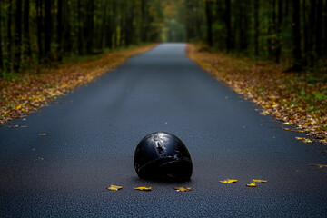 A broken black motorcycle helmet lying on the side of an empty road, suggesting a past accident or potential danger, and emphasizing the importance of safety gear for riders