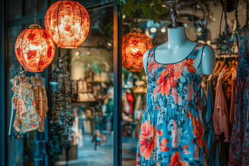 A boutique storefront with stylish window displays, mannequins showcasing the latest fashion trends, and shoppers admiring the curated selection of clothing and accessories