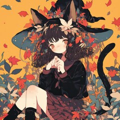 A young girl with cat ears and a witch's hat sits in a field of autumn leaves.