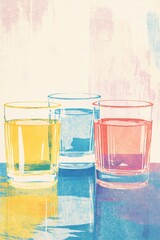 Three glasses of water, yellow, clear, and pink, with reflections on a surface.