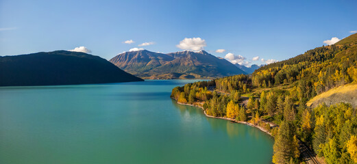 Wall Mural - panoramic view of kenai lake in kenai peninsula in alaska with fall foliage.