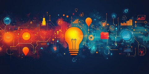 Wall Mural - a bright light bulb shines amidst vibrant digital icons and symbols. this image represents creativit