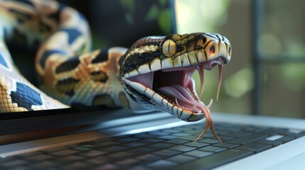 python snake emerging from laptop keyboard symbolizing programming language and code development inn