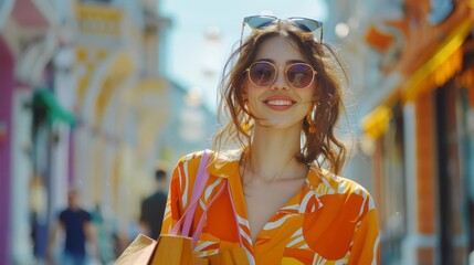 Cheerful woman with shopping bags sunglasses sunny day vibrant city street stylish outfit