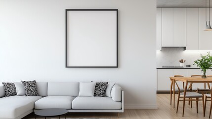 Wall Mural - Modern living room with cozy sofa and blank wall for decor.