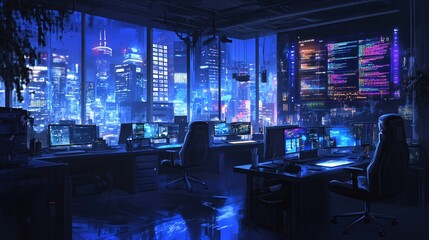 a futuristic office with multiple computer screens showcasing coding and a cityscape view outside th