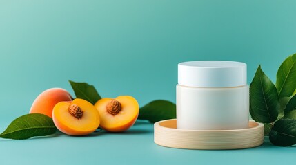 Wall Mural - Peach fruits with cosmetic jar, green background, natural skincare concept