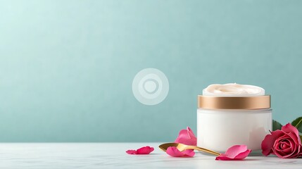 Wall Mural - Skincare cream jar with rose petals on a light blue background.