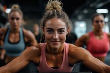 A confident woman in a pink sports bra leads a group during an intense workout session, exuding determination and strength to achieve fitness goals.