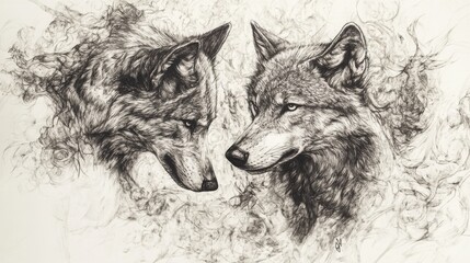 Detailed black and white drawing of two wolves, one looking to the left and the other to the right, set against a background of detailed, abstract lines.