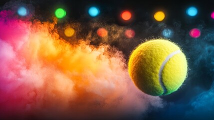 A tennis ball is in the air, surrounded by colorful smoke