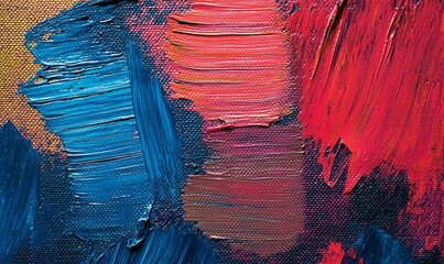 Wall Mural - Dynamic red and blue grunge brush strokes on canvas showcasing vibrant oil paint textures in an abstract composition