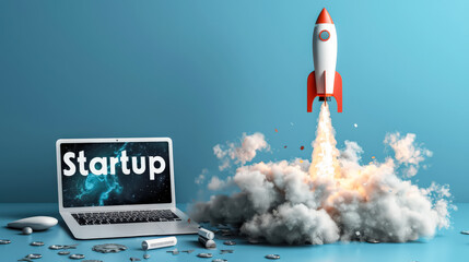 Laptop is on a table with a rocket on the screen. The rocket is flying through a cloud of smoke and the words STARTUP are written on the screen. Concept of excitement and innovation