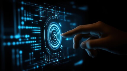 Poster - Hand Interacting with a Digital Interface Featuring a Blue Circle and Lines