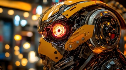 Poster - Close-up of a Yellow and Silver Robot with a Red Eye