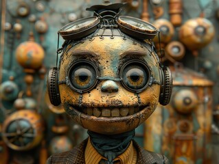 Steampunk Robot Character with Goggles and a Smile