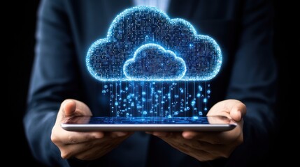 Poster - Person Holding a Tablet with a Digital Cloud Symbol and Data Flowing Downward