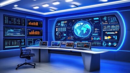 Aufkleber - Futuristic Control Room with Monitors and a Global View