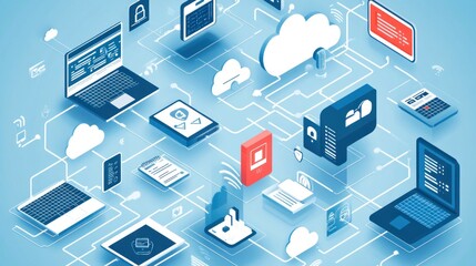 Poster - Isometric Illustration of Devices Connected to the Cloud
