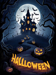 Halloween background Zombie hand Halloween pumpkins under the moonlight  halloween background banner The inscription with ominous tree branches, bats on a background of full moon.