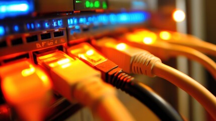 Poster - Network Cables Plugged into a Server with Lit Indicators