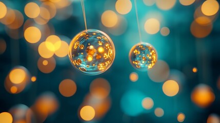 Wall Mural - An abstract background in blue and gold, captured using a macro lens, featuring floating orbs of warm yellow light against a blue-green backdrop.