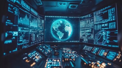 Control Room with Monitors Displaying Earth and Code