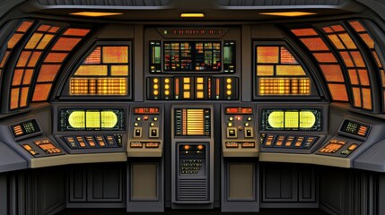 Futuristic spaceship control panel with glowing lights and intricate displays