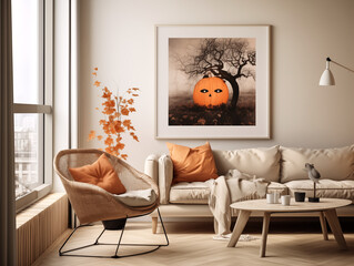 Scandinavian scandi modern minimalist cozy living room interior with fall and halloween decor. Sage couch with orange pillows. Pumpkin decor