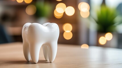 Wall Mural - A glossy white dental tooth model displayed on a wooden table with a blurred background of soft bokeh lights and greenery