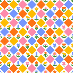 Wall Mural - Colorful abstract flower art seamless pattern illustration. Checkered nature floral background in vintage style. Spring season mosaic tile decoration texture, geometric checker drawing print.