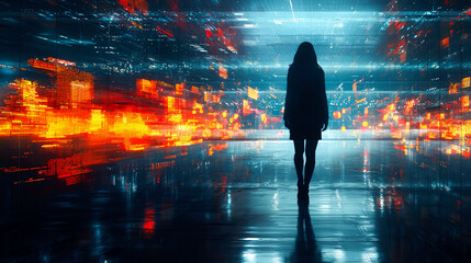 A woman in a hooded coat walks through a digital tunnel of glowing data and light streaks.