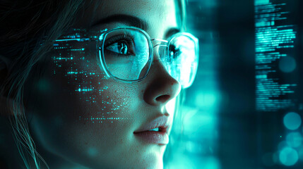 A young woman in glasses looks intently at a screen with glowing digital data.
