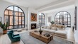 © Luiri Art - Modern New York penthouse living room with arched windows, high ceilings, and a cozy fireplace, featuring neutral tones, wood floors, designer furniture, and abundant natural light