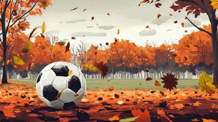 Wall Mural - A soccer ball is sitting on the ground in a field of autumn leaves. The scene is peaceful and serene, with the ball as the focal point